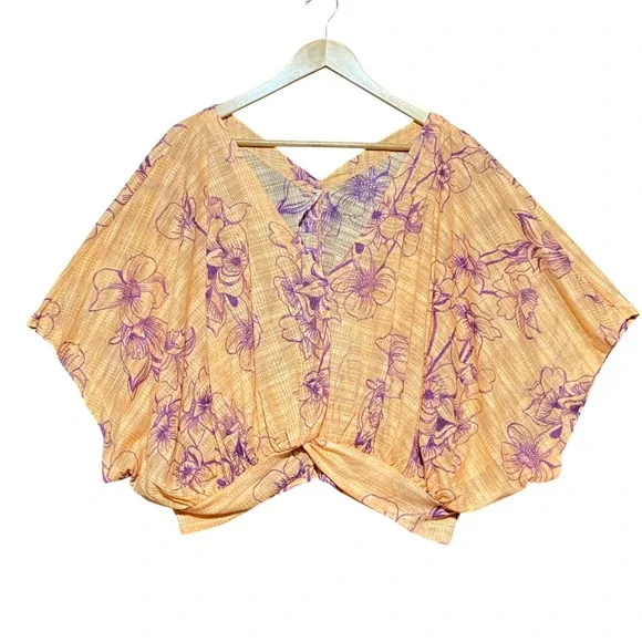 Free People One Dance Dolman Sleeve Top M Coral Floral Twist Front OB615271 - Picture 4 of 9